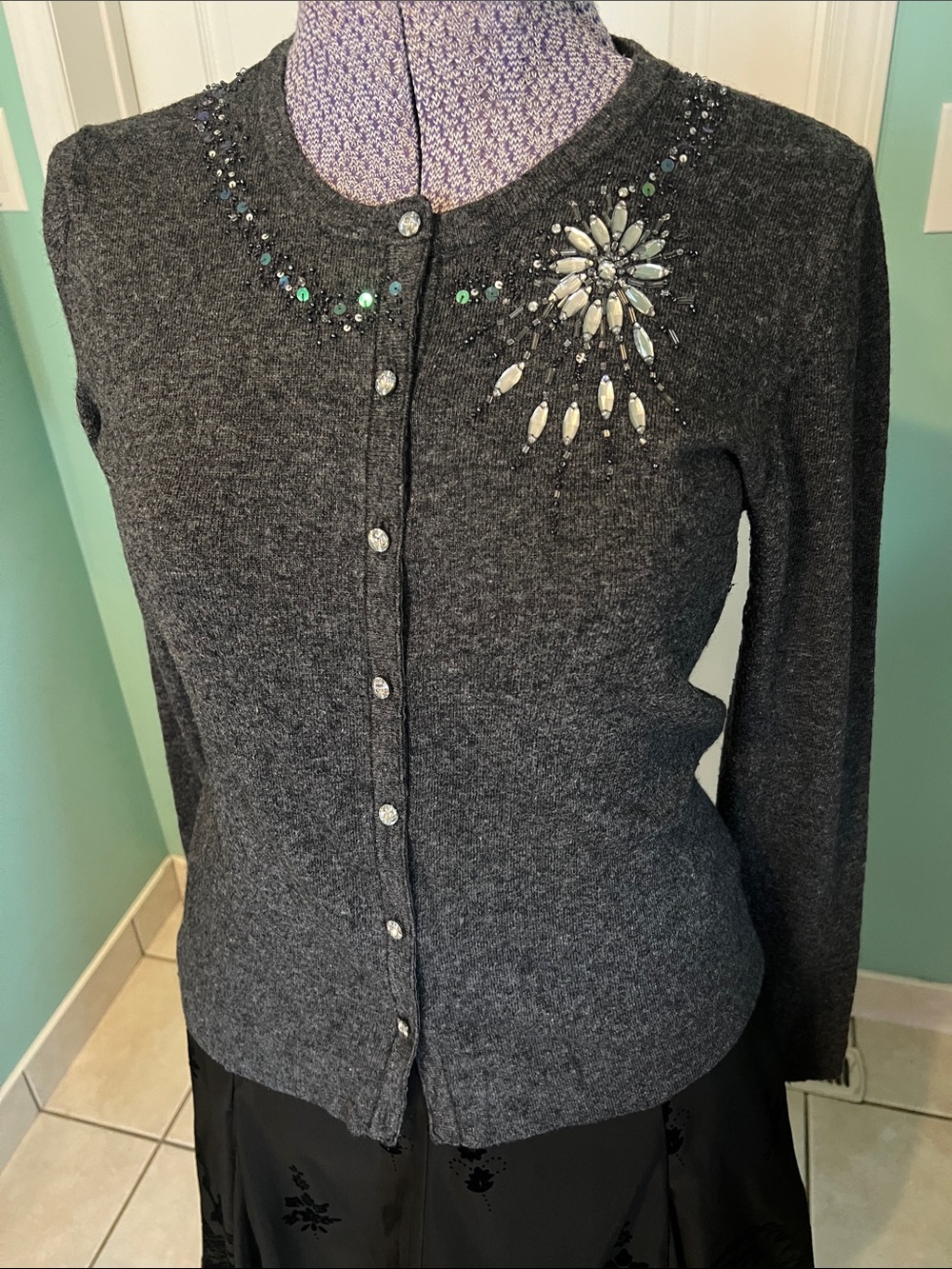 Dark Gray Cardigan with Rhinestones